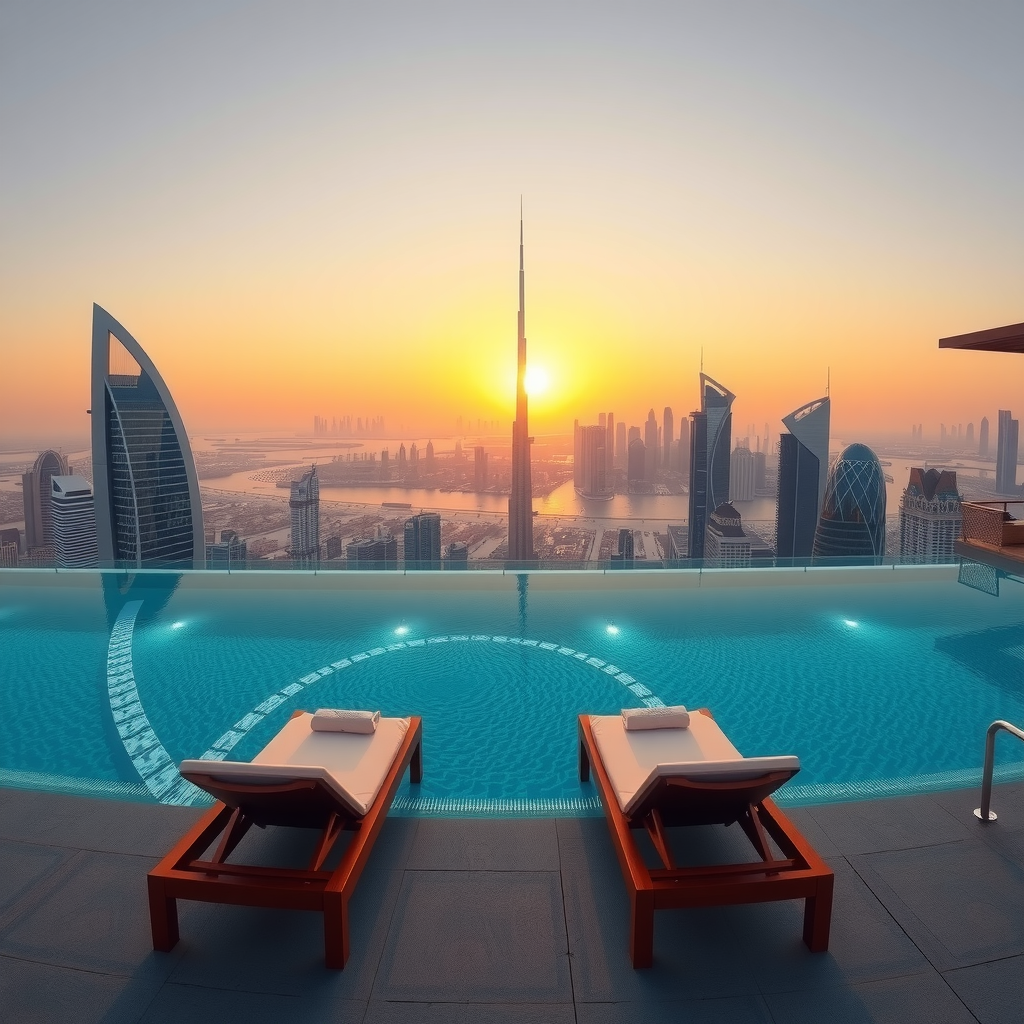 Stunning panoramic view of Aura Pool Sky rooftop infinity pool overlooking Dubai skyline at sunset with luxurious lounge chairs and turquoise water