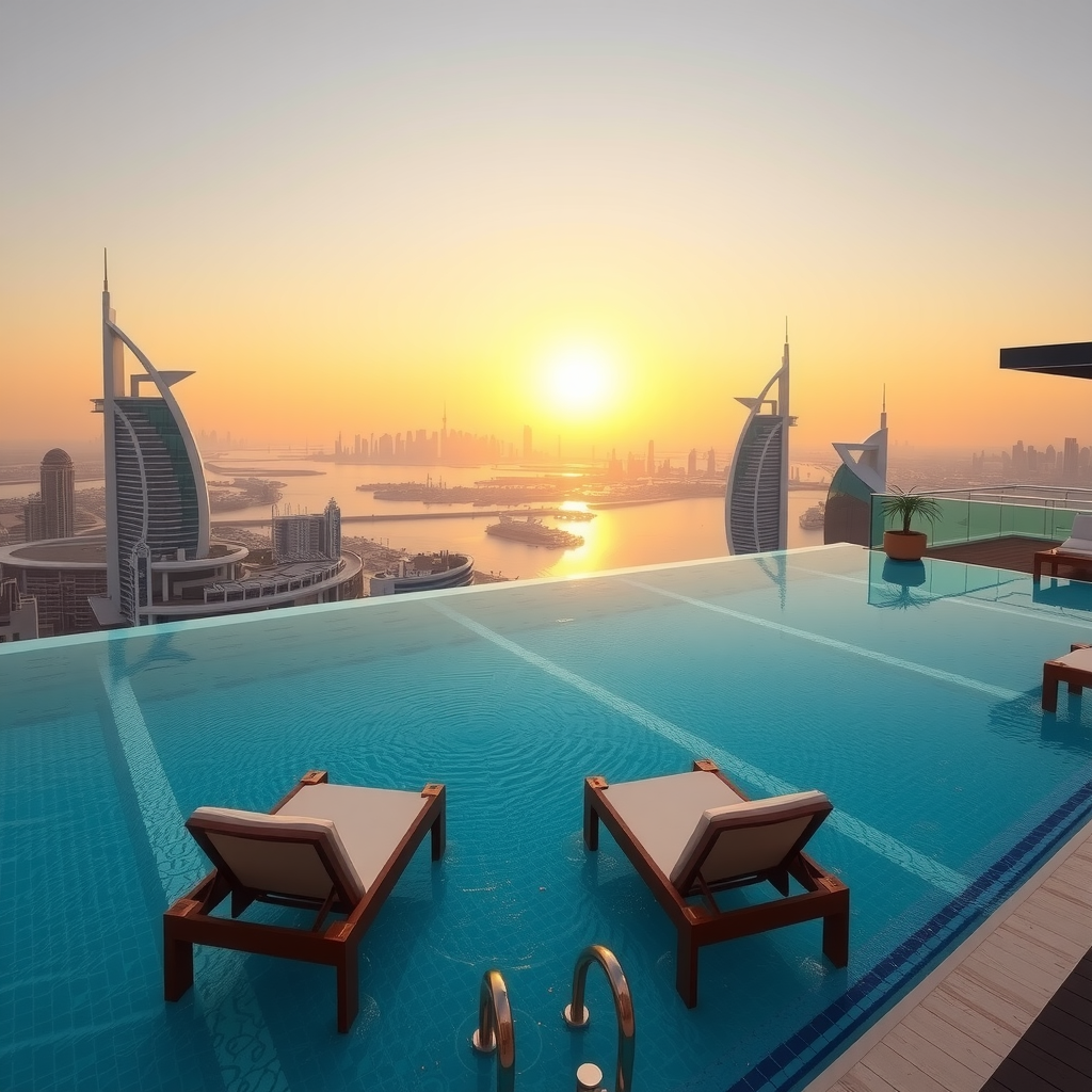 Aura Pool Sky rooftop infinity pool with panoramic Dubai skyline views at golden hour, featuring crystal clear turquoise water, elegant lounge chairs, and Palm Jumeirah in the background