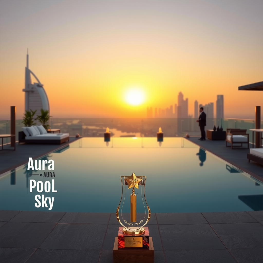 Aura Pool Sky rooftop venue at sunset with Dubai skyline in background, elegant infinity pool reflecting golden hour light, award trophy displayed prominently in foreground, luxury lounge seating and sophisticated ambiance