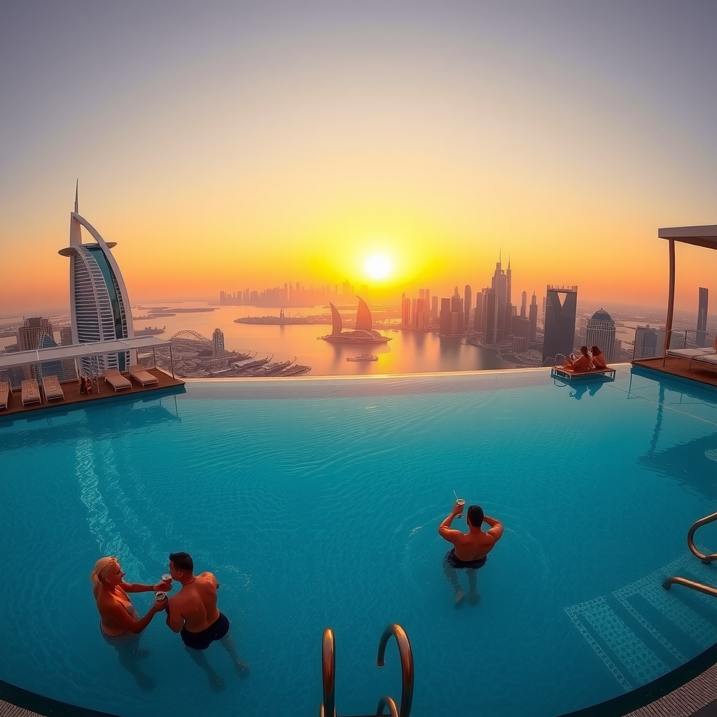 Stunning panoramic view of Aura Pool Sky infinity swimming pool at sunset with Dubai skyline in background, featuring luxurious poolside cabanas, ambient lighting, and guests enjoying cocktails as the sun sets over the city, creating golden and turquoise reflections on the water