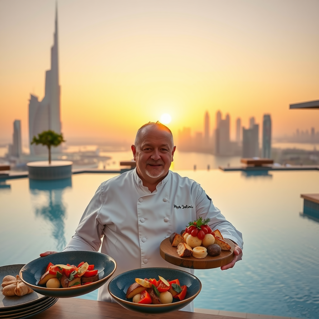 Celebrity Chef Marco Bellini presenting Mediterranean cuisine at Aura Pool Sky with Dubai skyline and infinity pool in background during golden hour