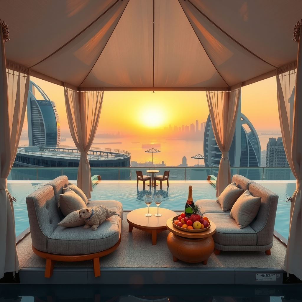 Luxurious private pool cabana with plush seating, elegant shade canopy, and panoramic Dubai skyline views at sunset, featuring butler service setup with champagne and fruit platters