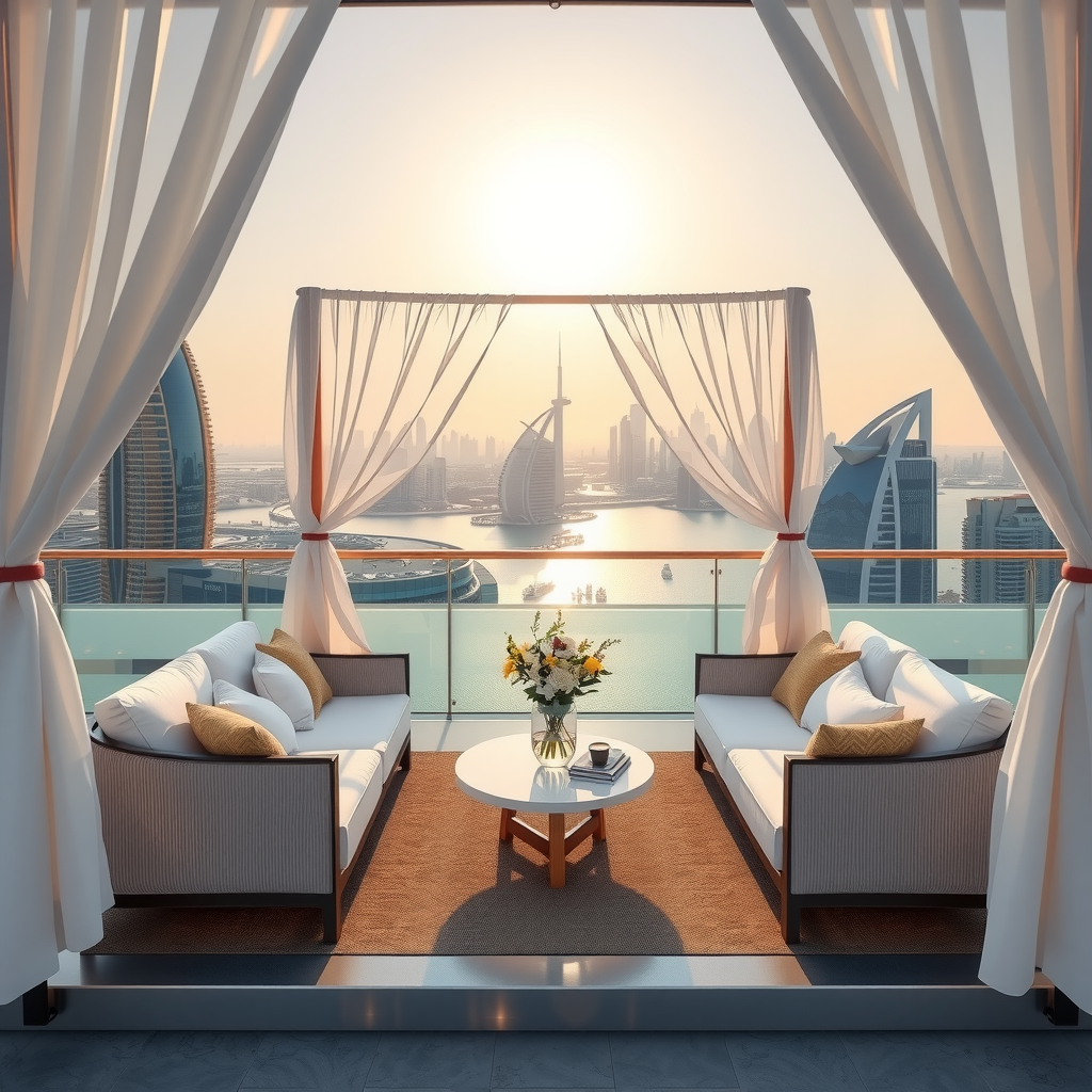 Luxurious private cabana with plush white seating, elegant draping, and premium furnishings overlooking Dubai skyline at Aura Pool Sky rooftop infinity pool