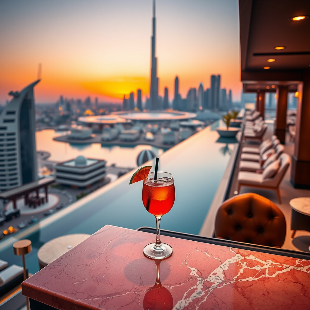 Elegant rooftop bar at golden hour with Dubai skyline in background, featuring premium cocktails on marble bar counter with infinity pool reflecting orange and pink sunset colors, sophisticated lounge seating, and panoramic city views
