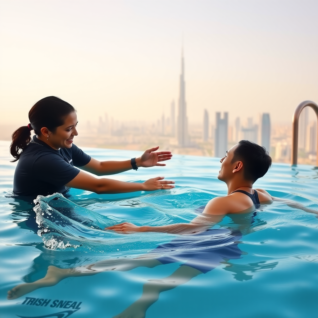 Professional swimming instructor providing one-on-one lesson to adult student in crystal-clear infinity pool with panoramic Dubai skyline views, demonstrating proper freestyle technique