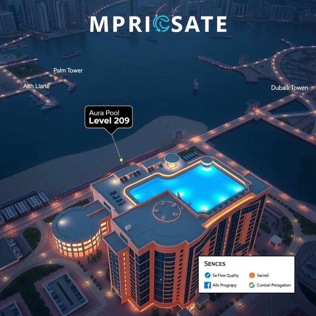 Interactive map showing location of Aura Pool Sky at Palm Tower Level 49 in Dubai UAE with surrounding landmarks and access routes