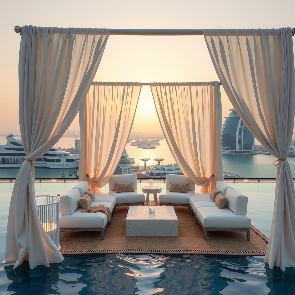 Elegant poolside cabana at Aura Pool Sky with flowing white curtains, plush cushions, and intimate seating area with Dubai Marina views in the background