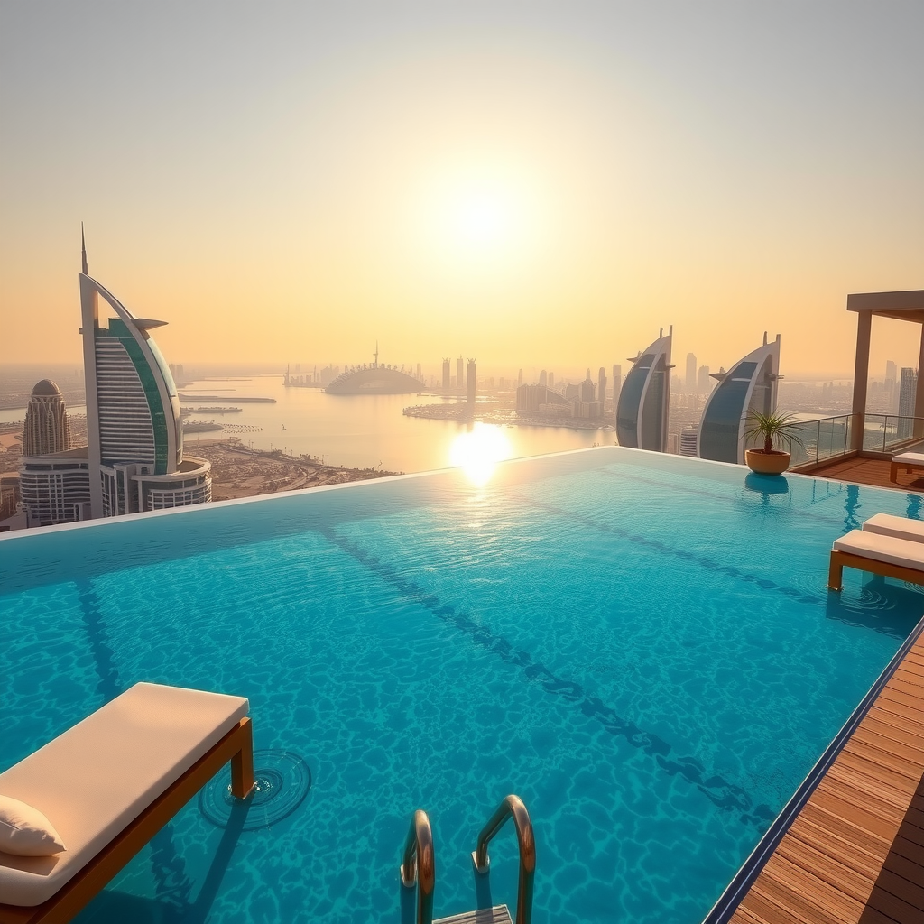 Stunning infinity swimming pool at Aura Pool Sky with crystal clear turquoise water, Dubai Marina skyline visible in background, luxurious poolside loungers with white cushions, golden sunset lighting