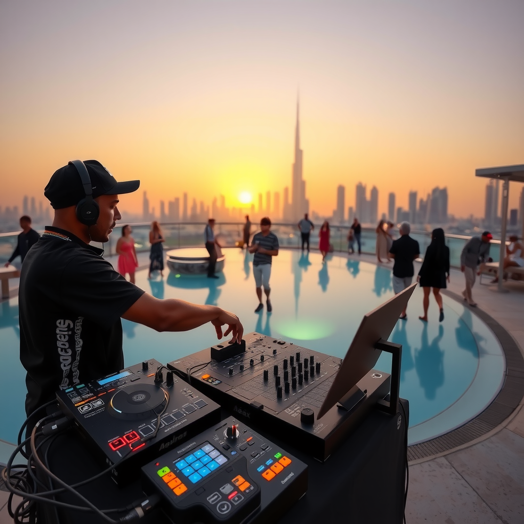 Professional DJ performing at Aura Pool Sky rooftop venue with state-of-the-art equipment, surrounded by elegant poolside setting, ambient lighting, and guests dancing and socializing against Dubai skyline backdrop during sunset