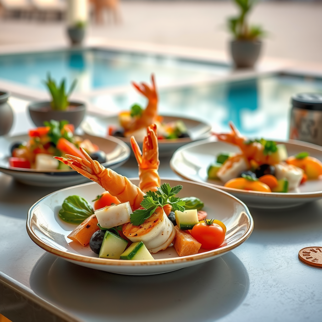 Beautifully plated Mediterranean small plates featuring fresh seafood and vibrant vegetables with artistic presentation at poolside venue