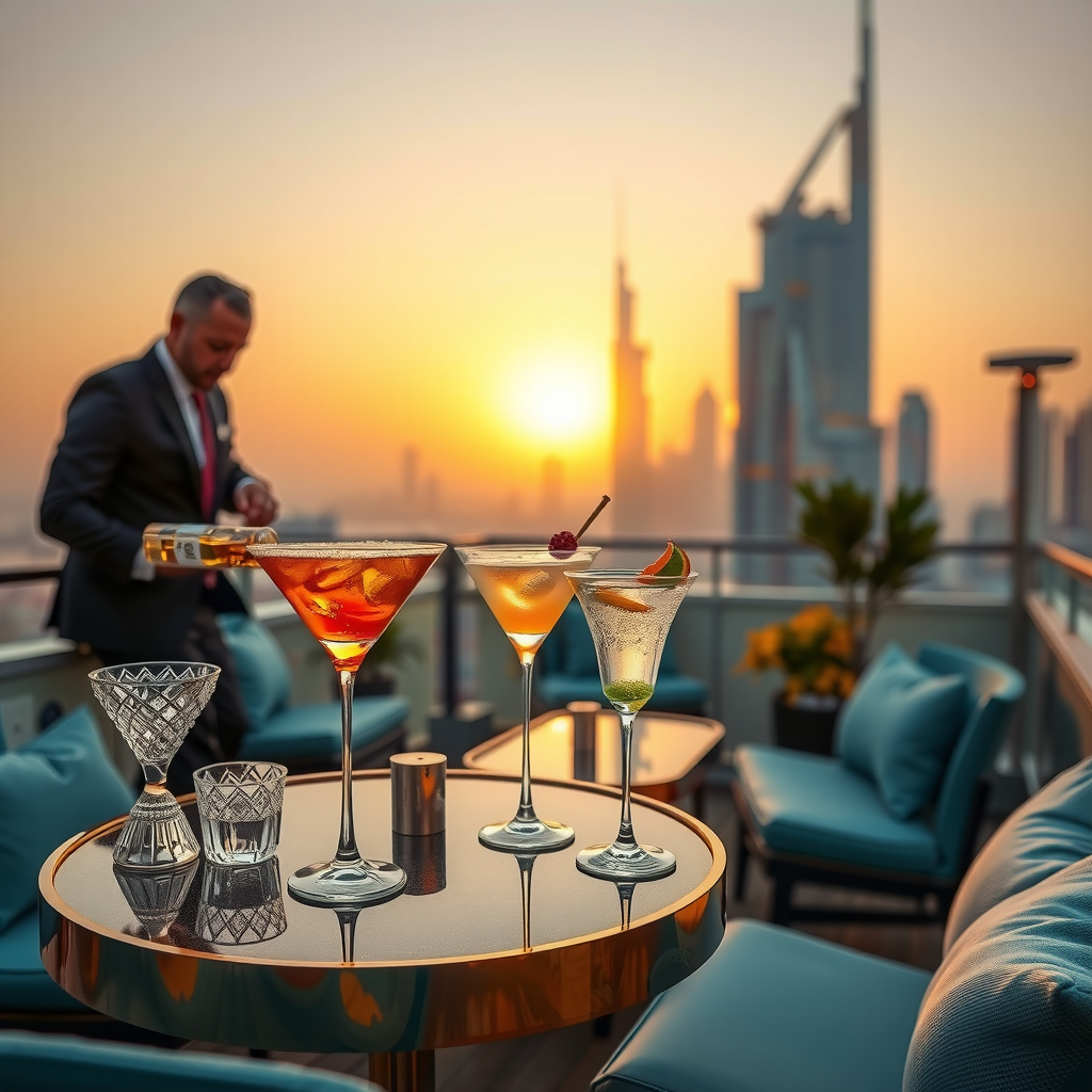 Elegant rooftop bar setup with premium cocktails in crystal glasses, expert mixologist crafting drinks, golden sunset over Dubai skyline, sophisticated lounge seating with turquoise accents
