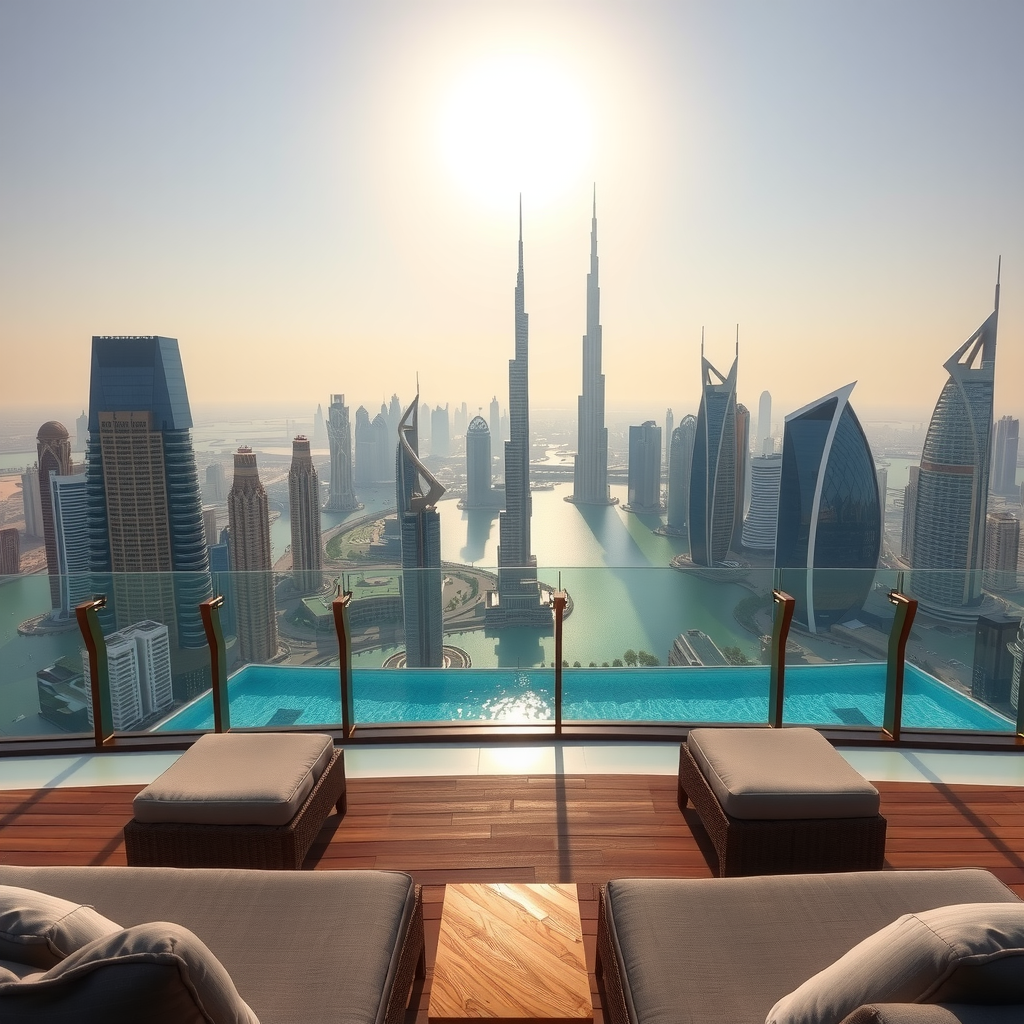 Breathtaking panoramic view of Dubai's iconic skyline from exclusive cabana at Aura skypool Dubai, featuring modern skyscrapers and turquoise infinity pool