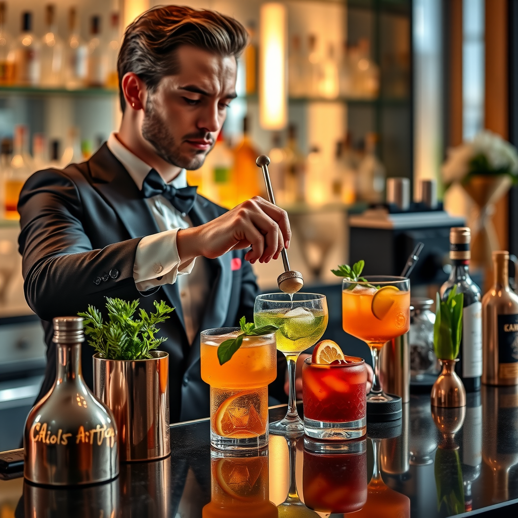 Professional mixologist in elegant attire carefully crafting colorful cocktails at modern bar with premium spirits bottles, fresh herbs and citrus garnishes, copper bar tools, and soft ambient lighting creating sophisticated atmosphere