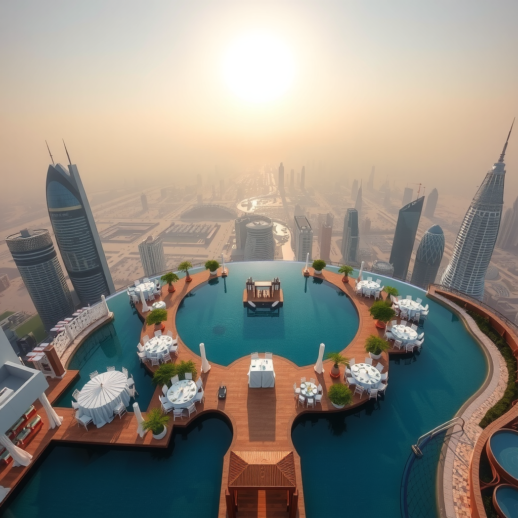 Aerial view of Aura Pool Sky showing flexible event space configurations with infinity pool and Dubai skyline