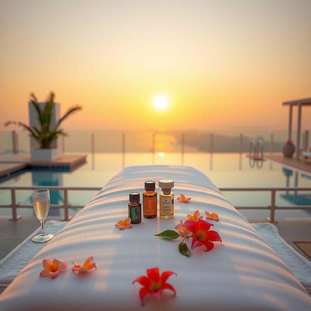 Serene spa setting at Aura Pool Sky rooftop with massage table prepared with luxury white linens, essential oil bottles, tropical flowers, and stunning infinity swimming pool background during golden hour sunset