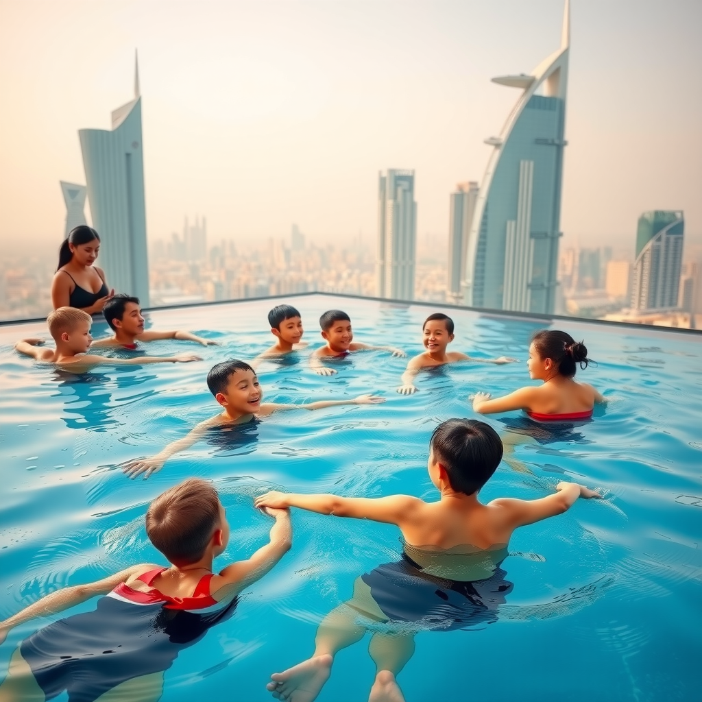 Multiple swimmers of varying ages and skill levels receiving instruction in luxury rooftop infinity pool, from beginners learning basic strokes to advanced swimmers perfecting technique, with Dubai cityscape in background