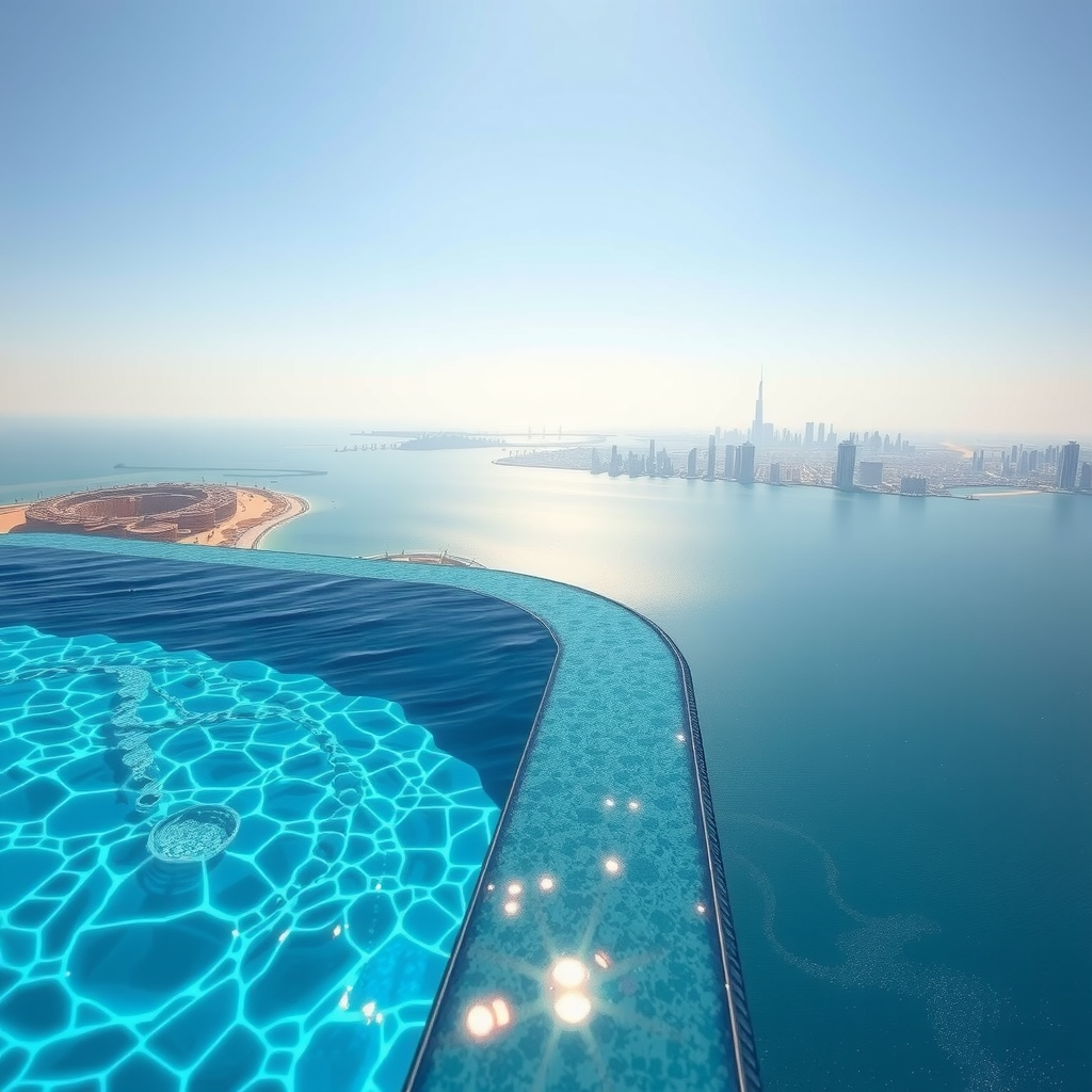 Edge of infinity swimming pool at Aura Pool Sky with turquoise water appearing to merge with the ocean horizon, Dubai skyline visible in the distance under clear blue sky
