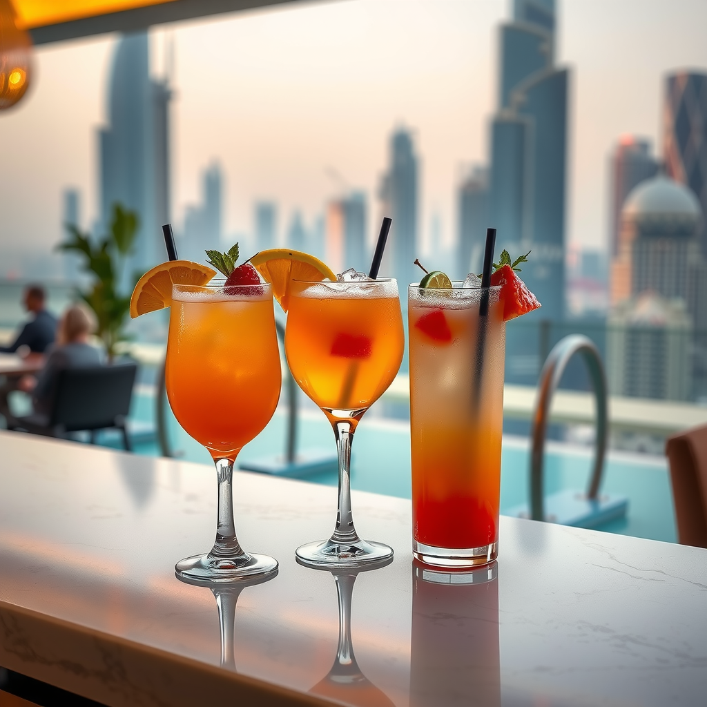 Elegant signature cocktails on marble bar counter at Aura Pool Sky, colorful tropical drinks with fresh garnishes, Dubai skyline blurred in background, sophisticated bar atmosphere with ambient lighting