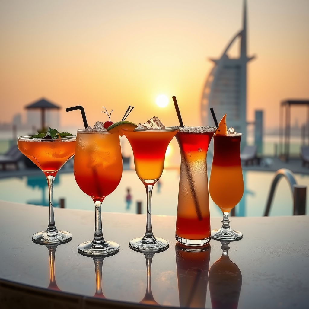 Elegant display of signature sunset cocktails on a premium bar counter at Aura Pool Sky, featuring colorful layered drinks in sophisticated glassware with garnishes, ice, and tropical elements, with infinity pool and Dubai skyline visible in soft-focus background during golden hour