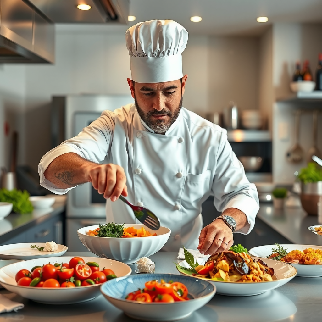 Celebrity Chef Marco Bellini in chef whites preparing Mediterranean dishes with fresh ingredients in upscale kitchen environment