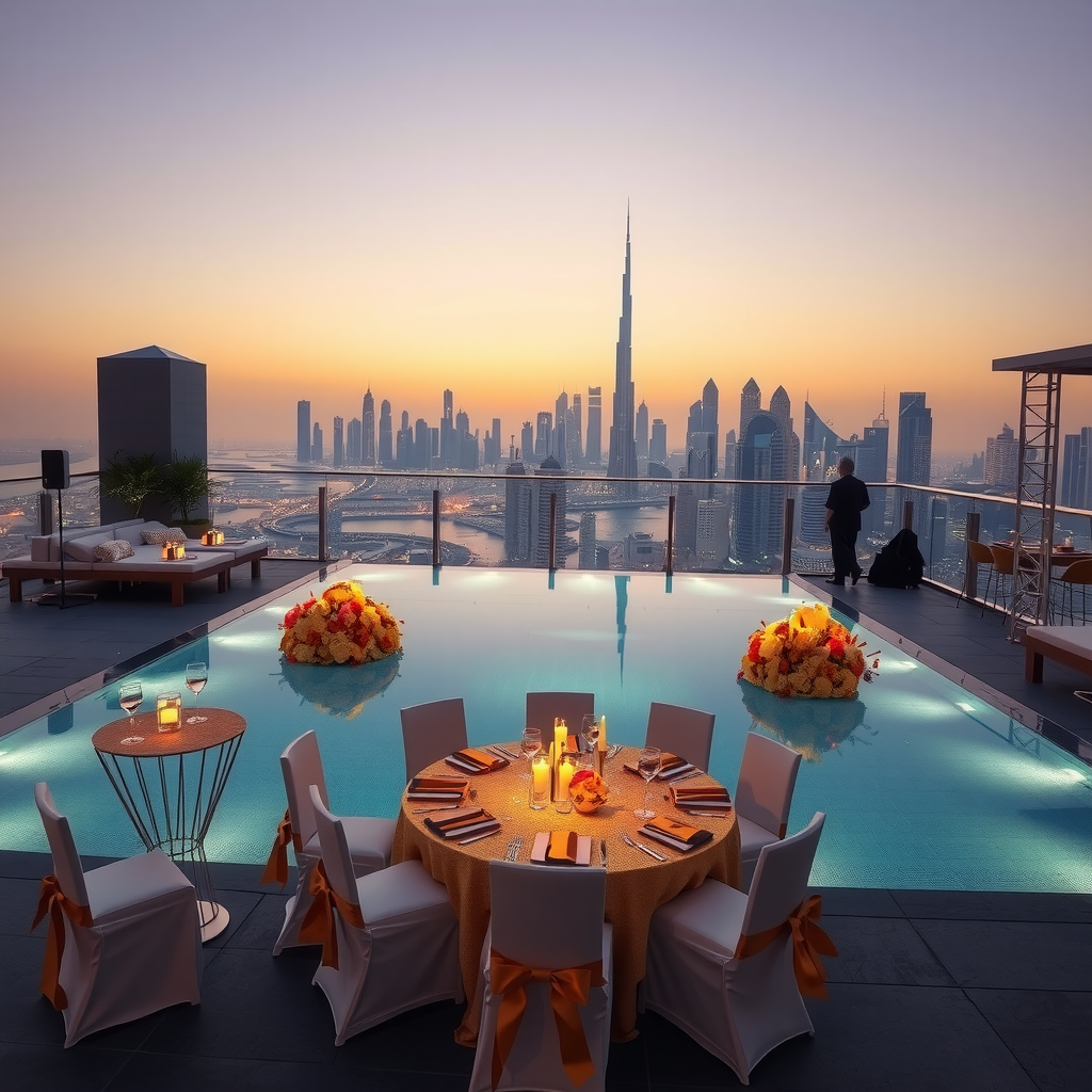 Elegant private event setup at rooftop infinity pool with custom decorations, ambient lighting, beautifully arranged tables with gold accents, Dubai skyline backdrop at twilight, celebration atmosphere