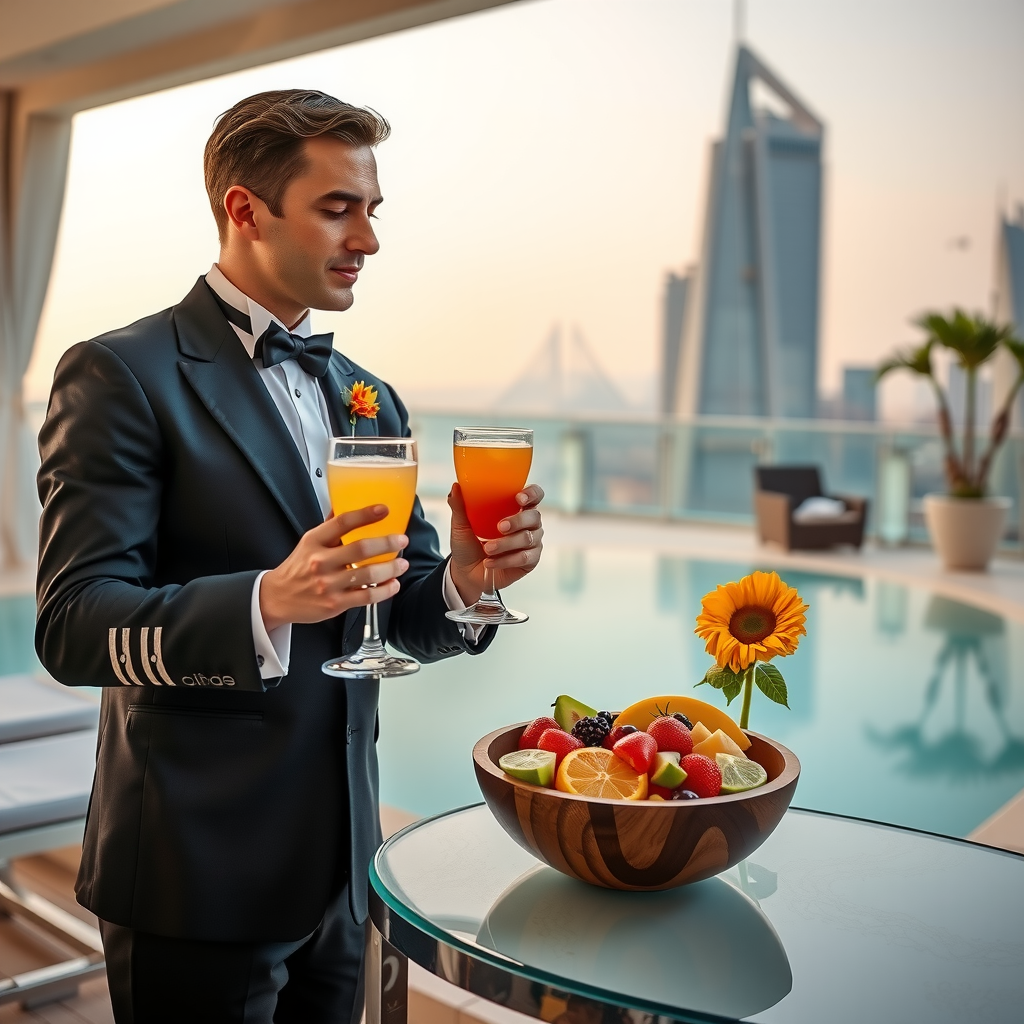 Professional butler in elegant uniform serving signature cocktails and fresh fruit platter to guests in private cabana at luxury rooftop pool