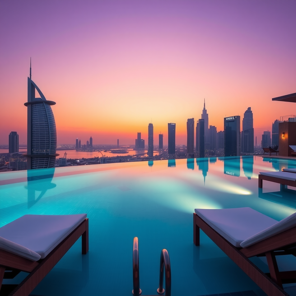 Stunning infinity swimming pool at dusk with turquoise water reflecting purple and orange sunset sky, Dubai skyscrapers silhouetted in background, elegant poolside loungers with white cushions, and ambient lighting beginning to illuminate the space
