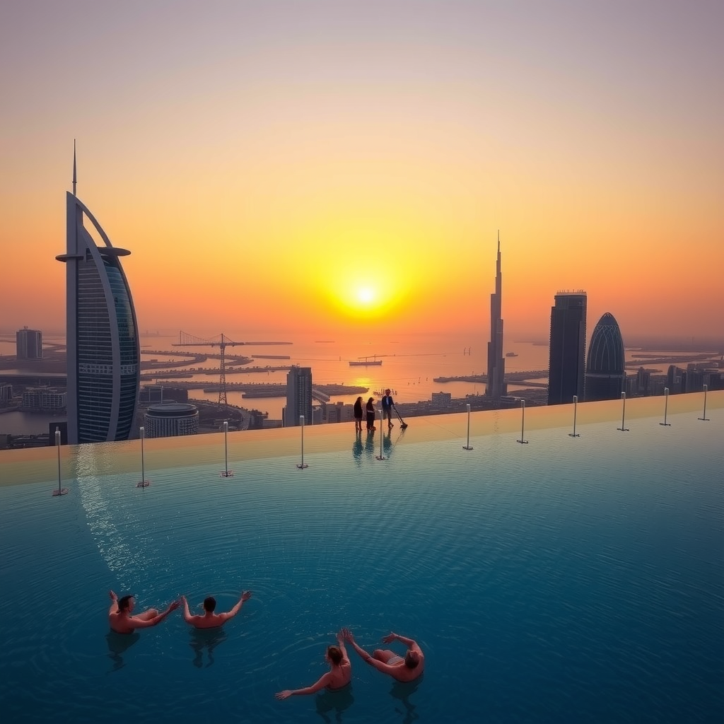 Breathtaking sunset view at Aura Pool Sky with infinity pool and Dubai skyline creating perfect event ambiance