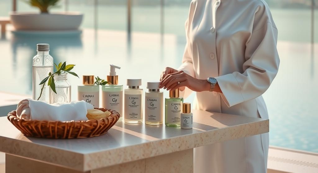 Professional certified spa therapist in elegant white uniform carefully preparing organic treatment products at luxury poolside wellness station with Dubai skyline visible in background
