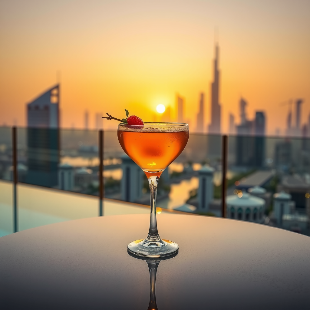 Beautifully crafted signature cocktail with garnish on elegant table at Aura Pool Sky, golden sunset over Dubai skyline in background with city lights starting to illuminate