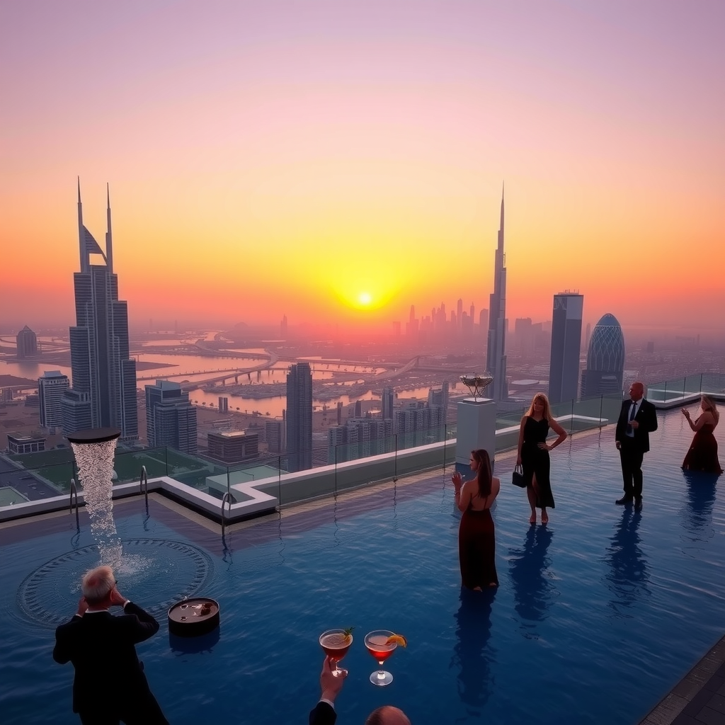 Breathtaking panoramic sunset view from Aura Pool Sky rooftop, Dubai skyline silhouetted against orange and pink sky, infinity pool in foreground reflecting colorful sunset, elegant guests enjoying cocktails, luxury atmosphere