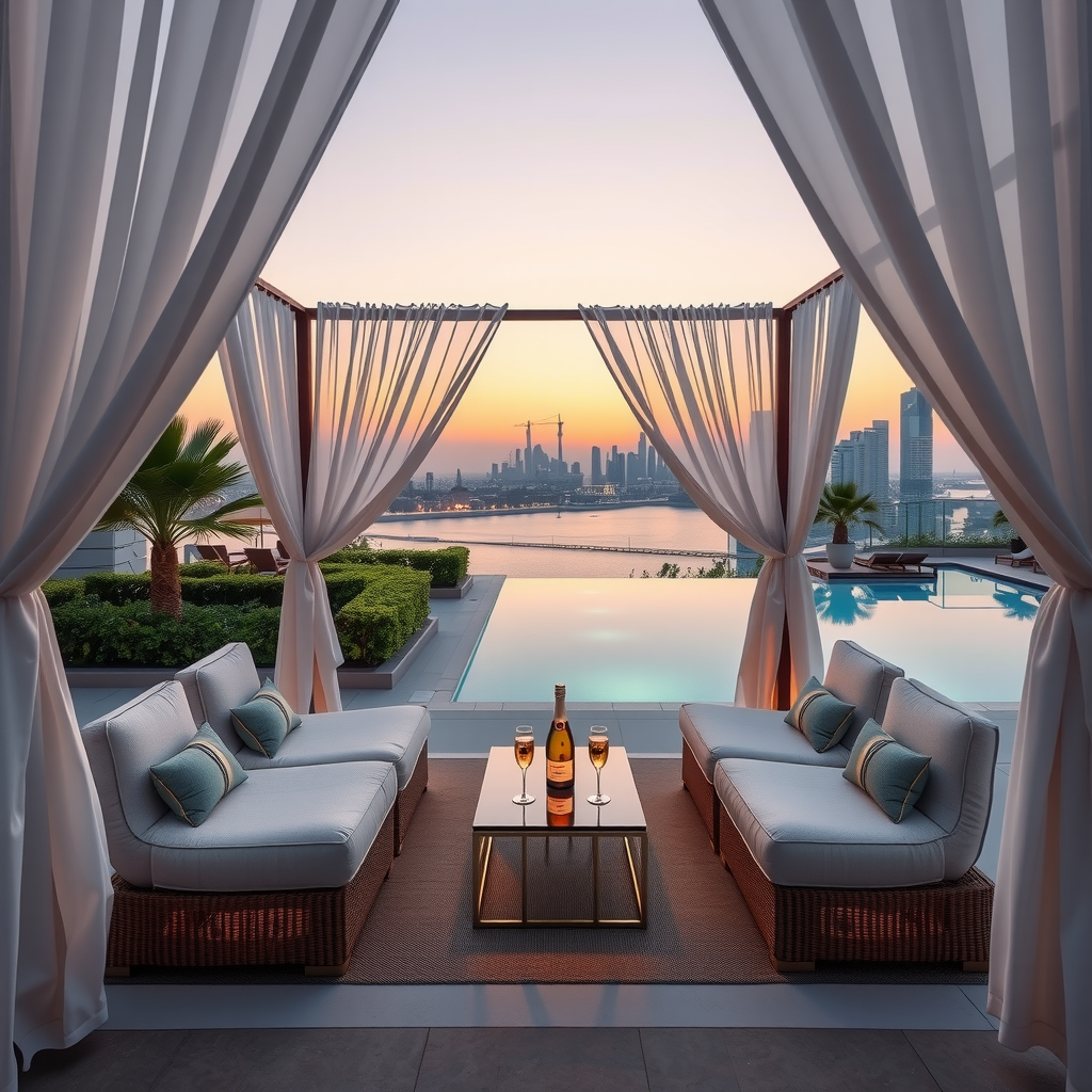 Luxurious poolside cabana at Aura Pool Sky with white flowing curtains, comfortable lounge seating with plush cushions, elegant side tables with champagne service, surrounded by lush greenery and ambient lighting, overlooking infinity pool and Dubai cityscape at dusk