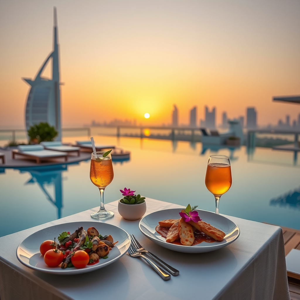 Elegant poolside dining table with Mediterranean cuisine and cocktails overlooking infinity pool and Dubai skyline at sunset