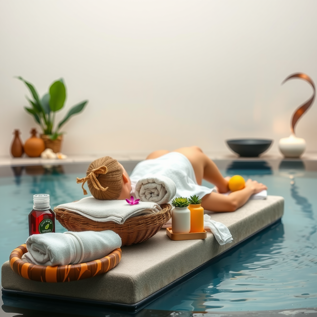 Serene poolside spa treatment scene with professional therapist performing massage on luxury lounger, organic spa products, tranquil water features, soft towels and aromatherapy elements, peaceful ambiance