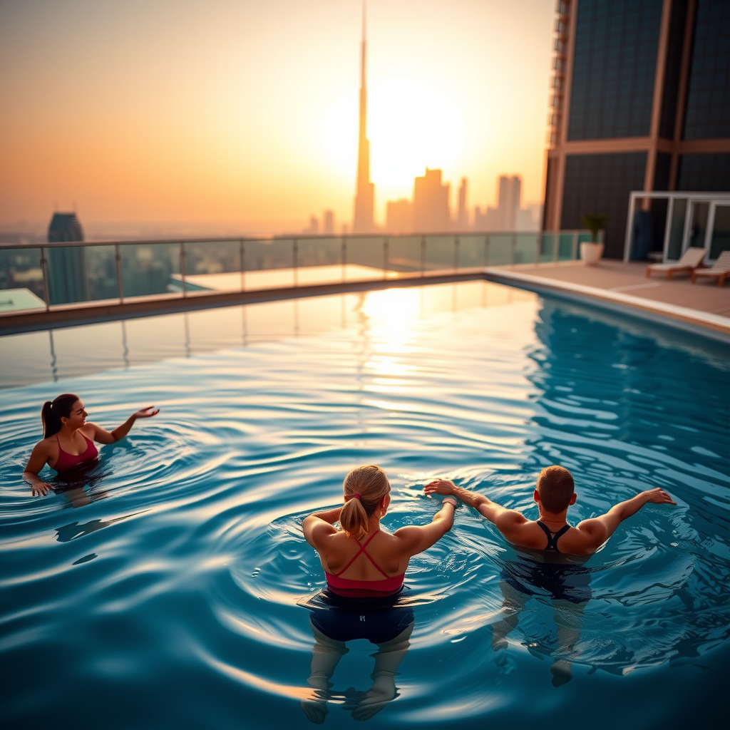 Serene morning aqua fitness session at sunrise in rooftop infinity pool, soft golden light illuminating participants in peaceful exercise, Dubai skyline silhouetted against dawn sky