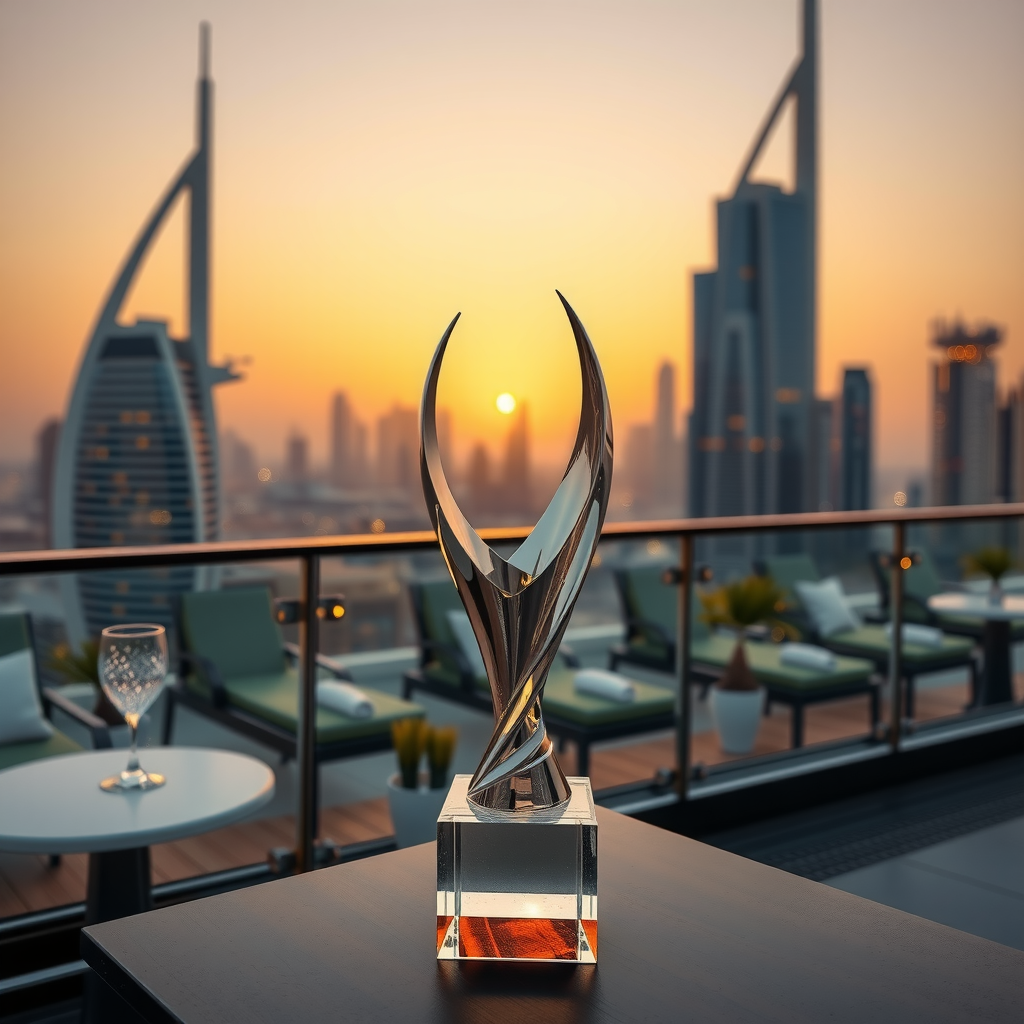 Elegant award trophy displayed on luxury rooftop terrace with Dubai's illuminated skyline in background, golden hour lighting, premium hospitality setting