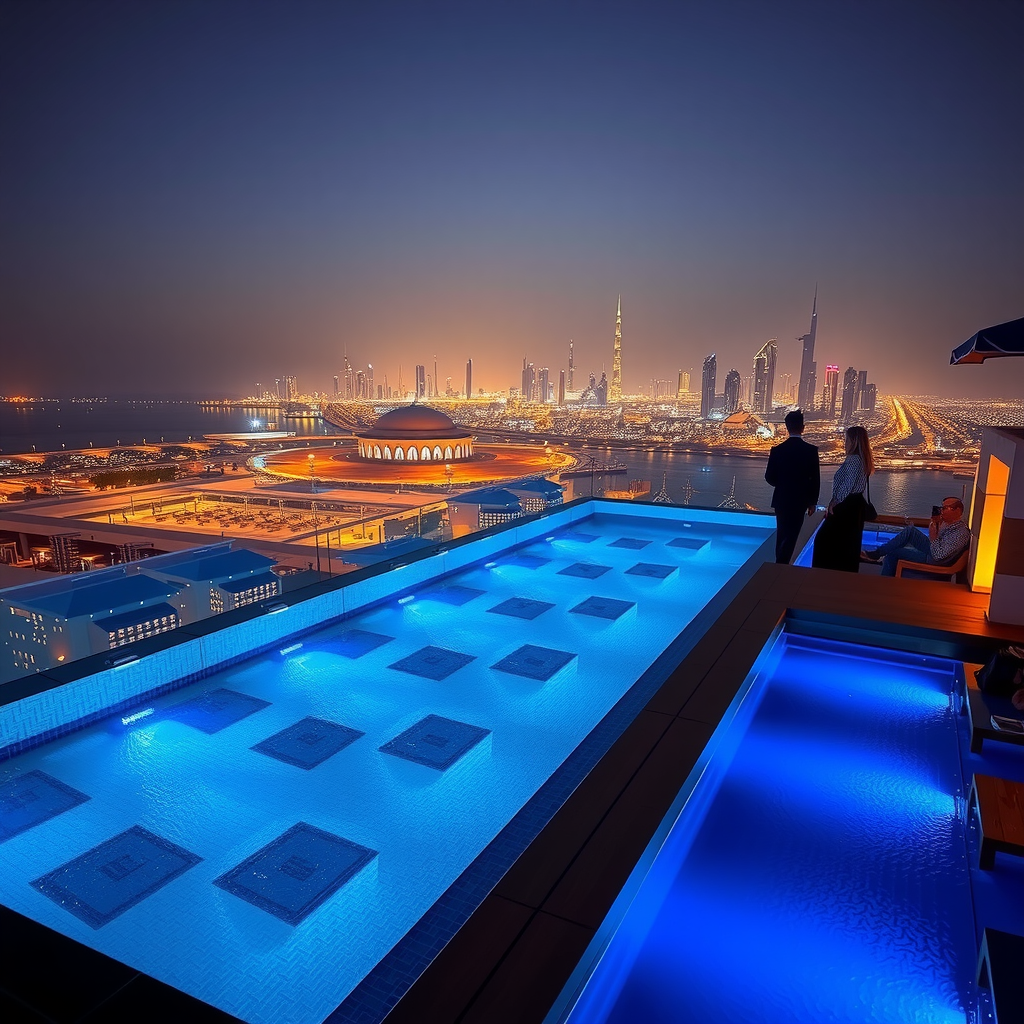 Aura Pool Sky rooftop at night, ambient lighting creating warm glow, infinity pool illuminated with blue LED lights, Dubai city lights twinkling in background, sophisticated evening atmosphere with guests socializing
