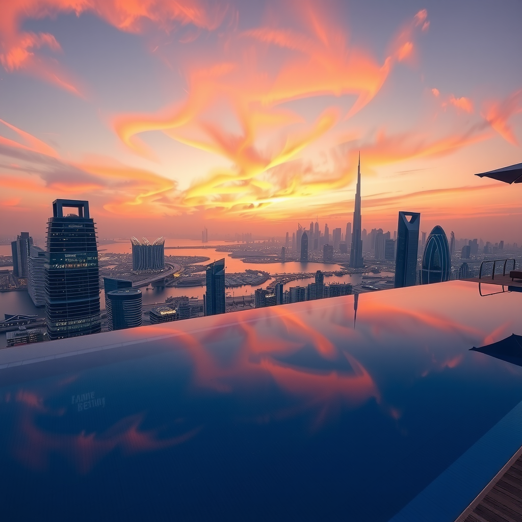 Breathtaking panoramic view from Aura Pool Sky showing Dubai's illuminated skyline at dusk, with iconic skyscrapers and landmarks visible, infinity pool in foreground reflecting the colorful sunset sky with shades of orange, pink, and purple, creating a stunning mirror effect