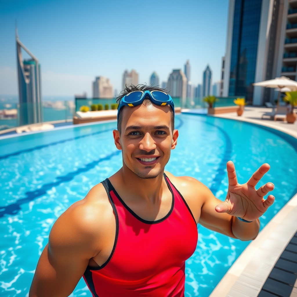 Professional certified swimming instructor in athletic attire standing poolside at luxury rooftop infinity pool, confident and welcoming expression, Dubai skyline and blue sky in background