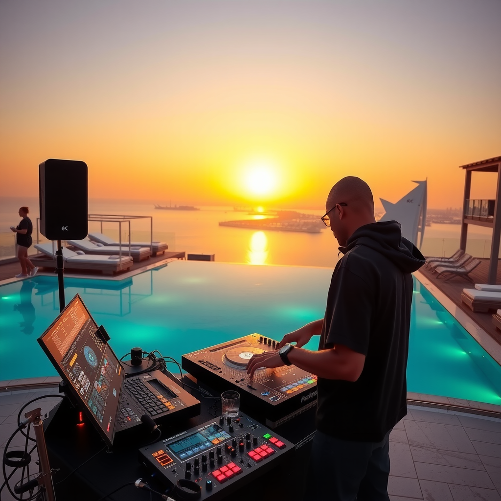 Professional DJ performing at luxury infinity pool during spectacular Dubai sunset, vibrant atmosphere with poolside cabanas, warm golden and turquoise lighting, sophisticated rooftop venue